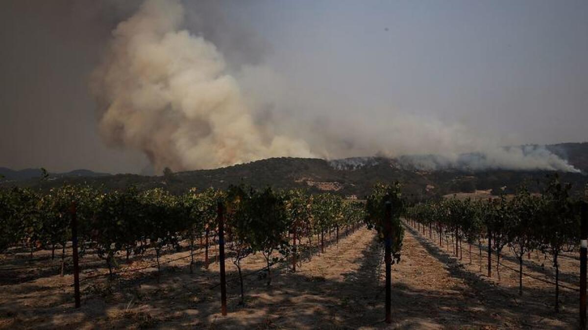 An wildfire approaches a Sonoma winery Oct. 9.