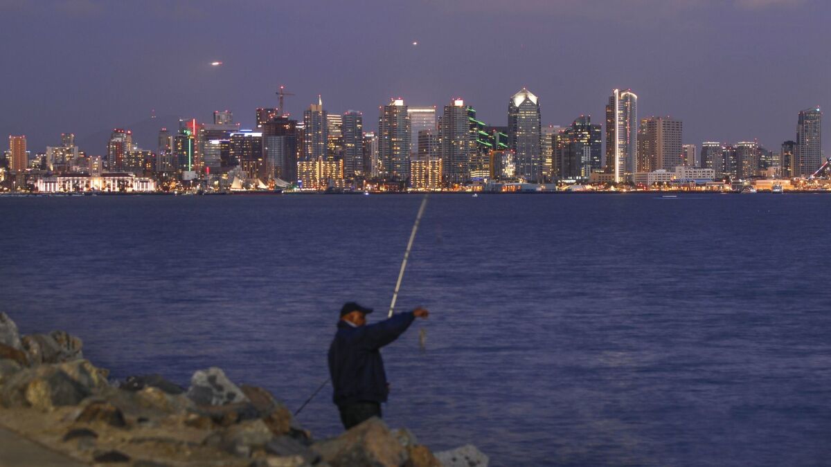 With the downtown San Diego skyline in the background, a fisherman inspects a fish he caught off Harbor Island.