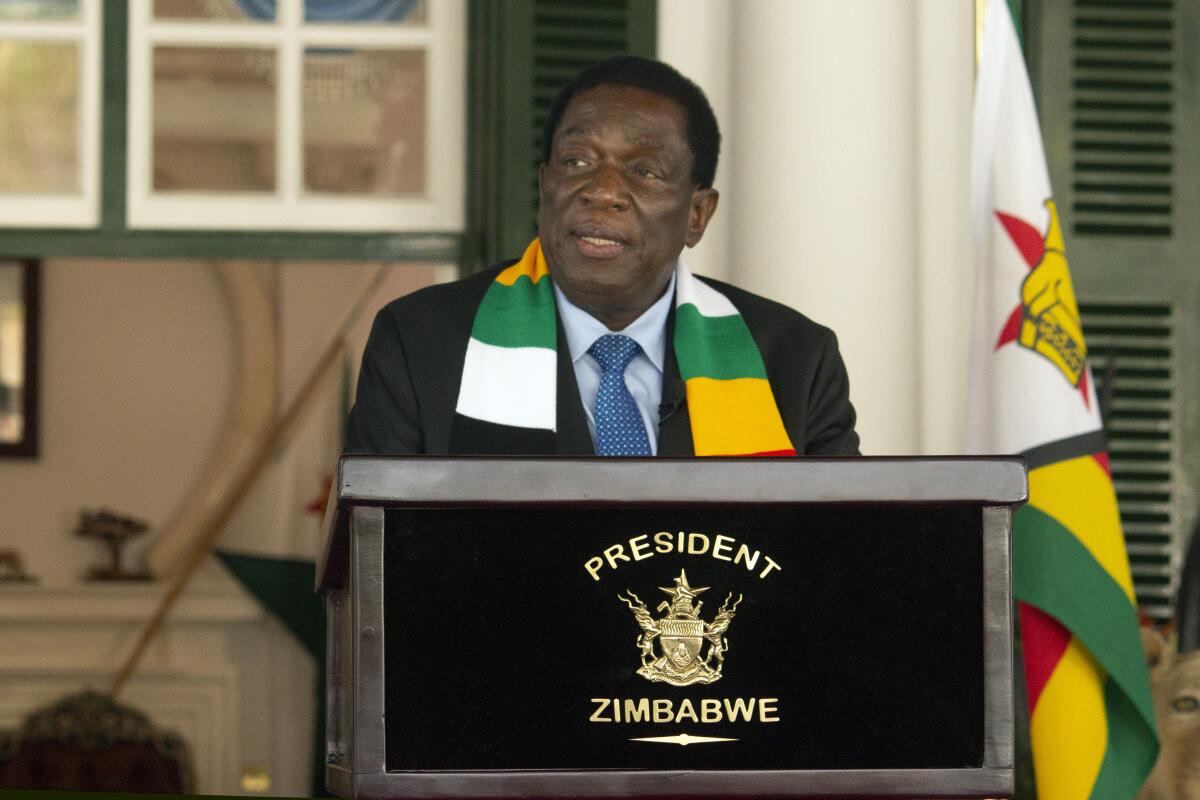 Zimbabwean President Emmerson Mnangagwa speaks at a news conference in Harare.