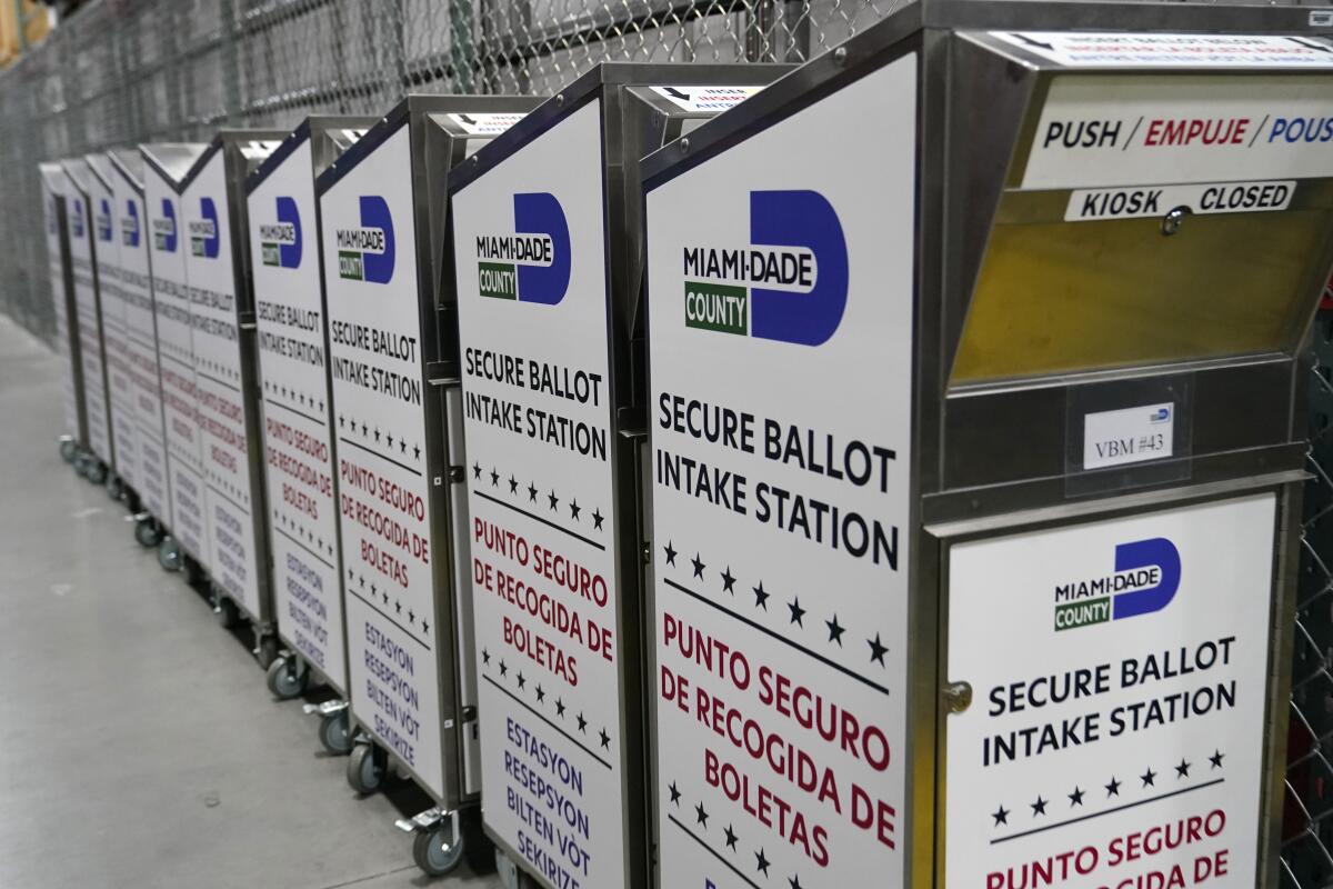 ARCHIVO - Cajas de boletas son vistas mientras empleados electorales prueban equipo de votación en el condado