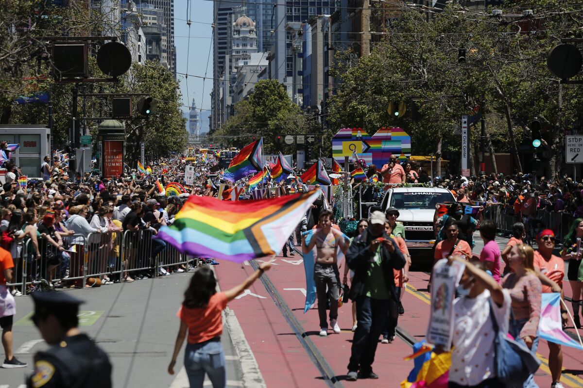 People wave transgender flags as they walk and celebrate in the Pride Parade