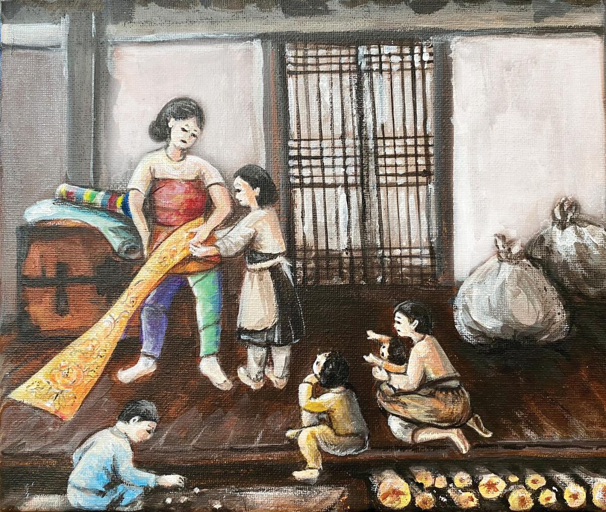 An illustration of a woman wrapping herself in fabric as she escapes from North Korea