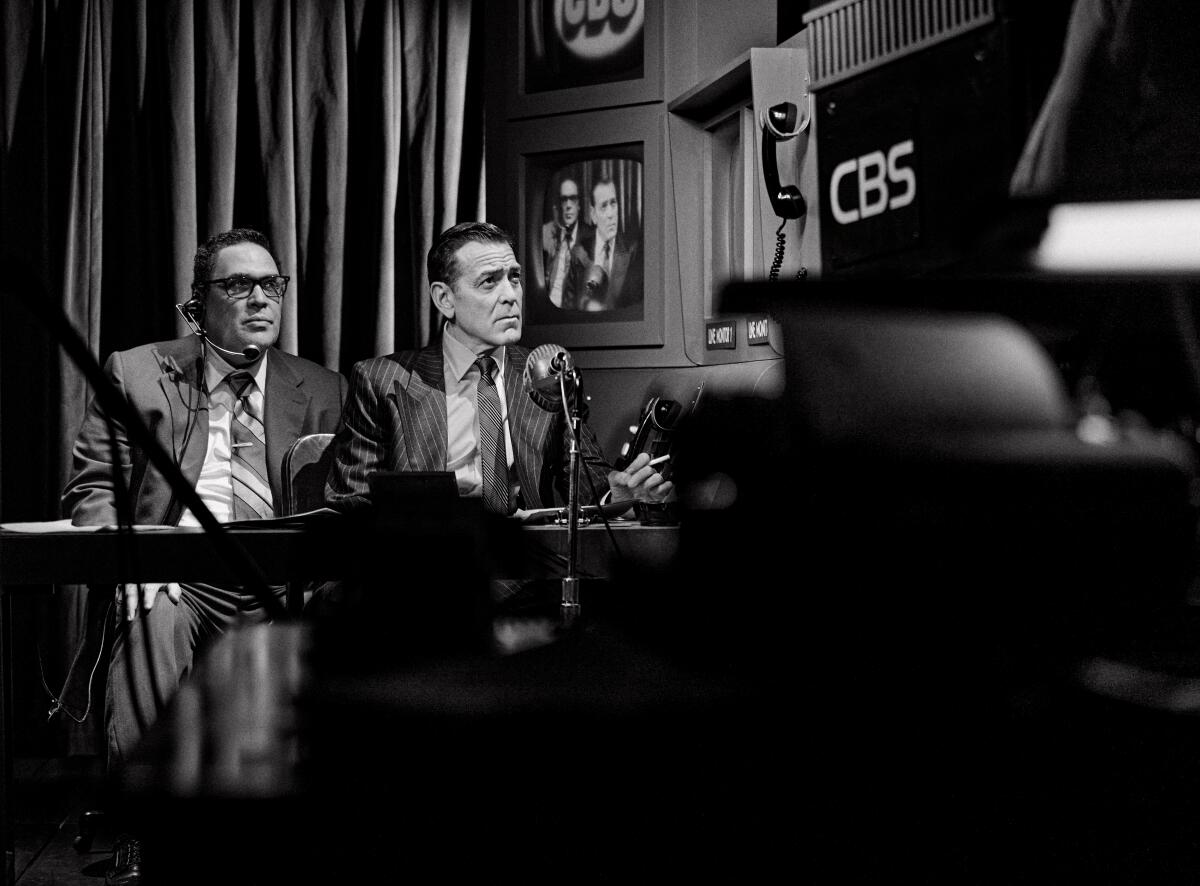 Glenn Fleshler and George Clooney successful "Good Night, and Good Luck" astatine the Winter Garden Theatre.
