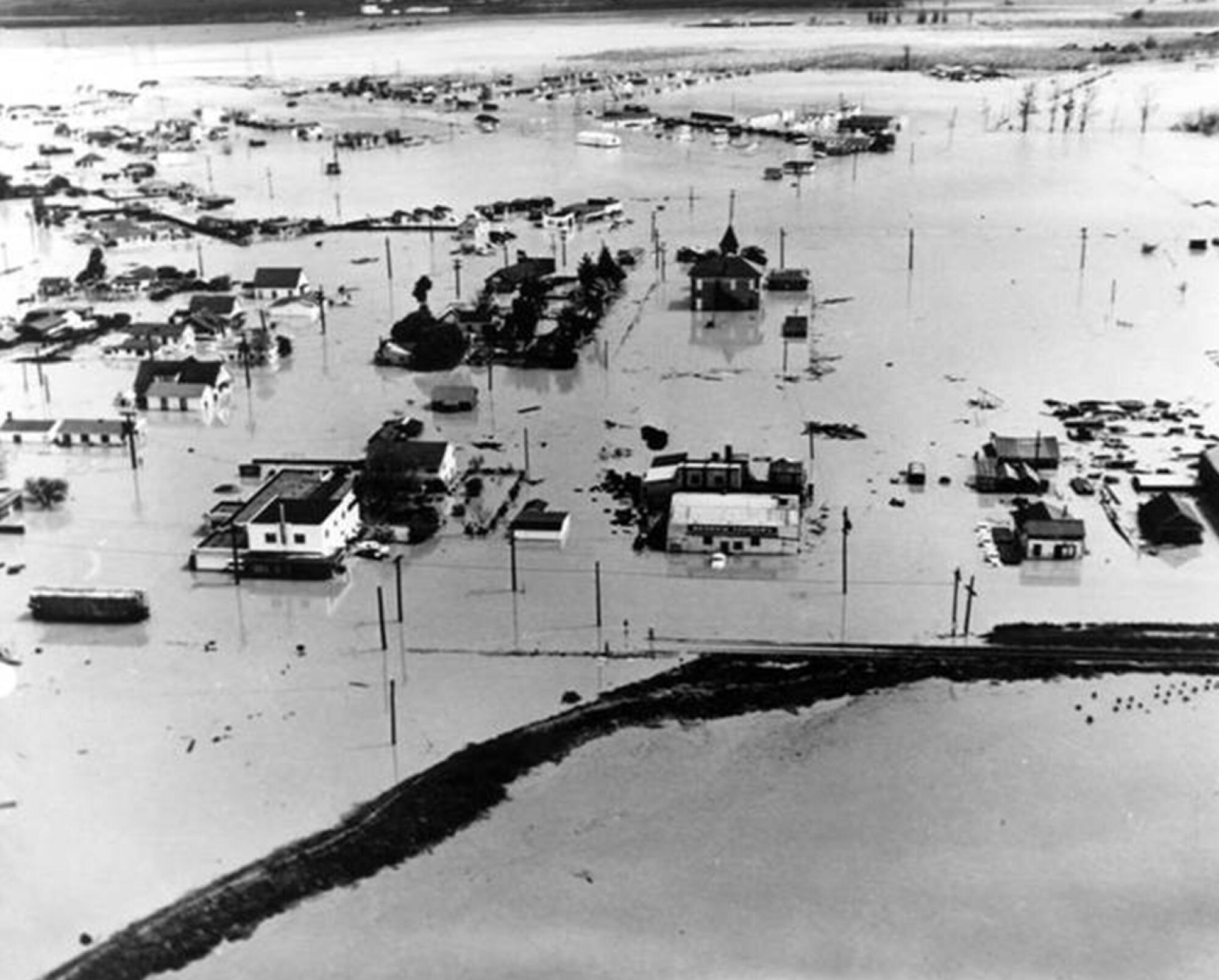 A flooded town.