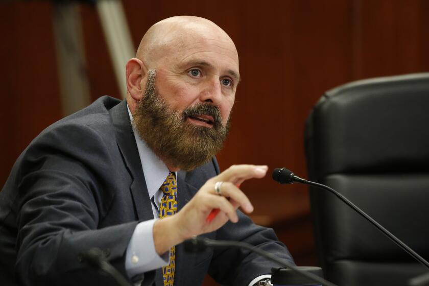 LOS ANGELES, CA - FEBRUARY 12, 2019 David H. Wright, General Manager of the Los Angeles Department of Water and Power (LADWP), the nation’s largest municipally-owned utility, and Marty Adams during a a meeting at Department of Water and Power headquarters Tuesday, February 12, 2019 were Los Angeles Mayor Eric c Garcetti announced that the Department of Water and Power won’t spend billions of dollars rebuilding three gas-fired power plants along the coast. (Al Seib / Los Angeles Times)