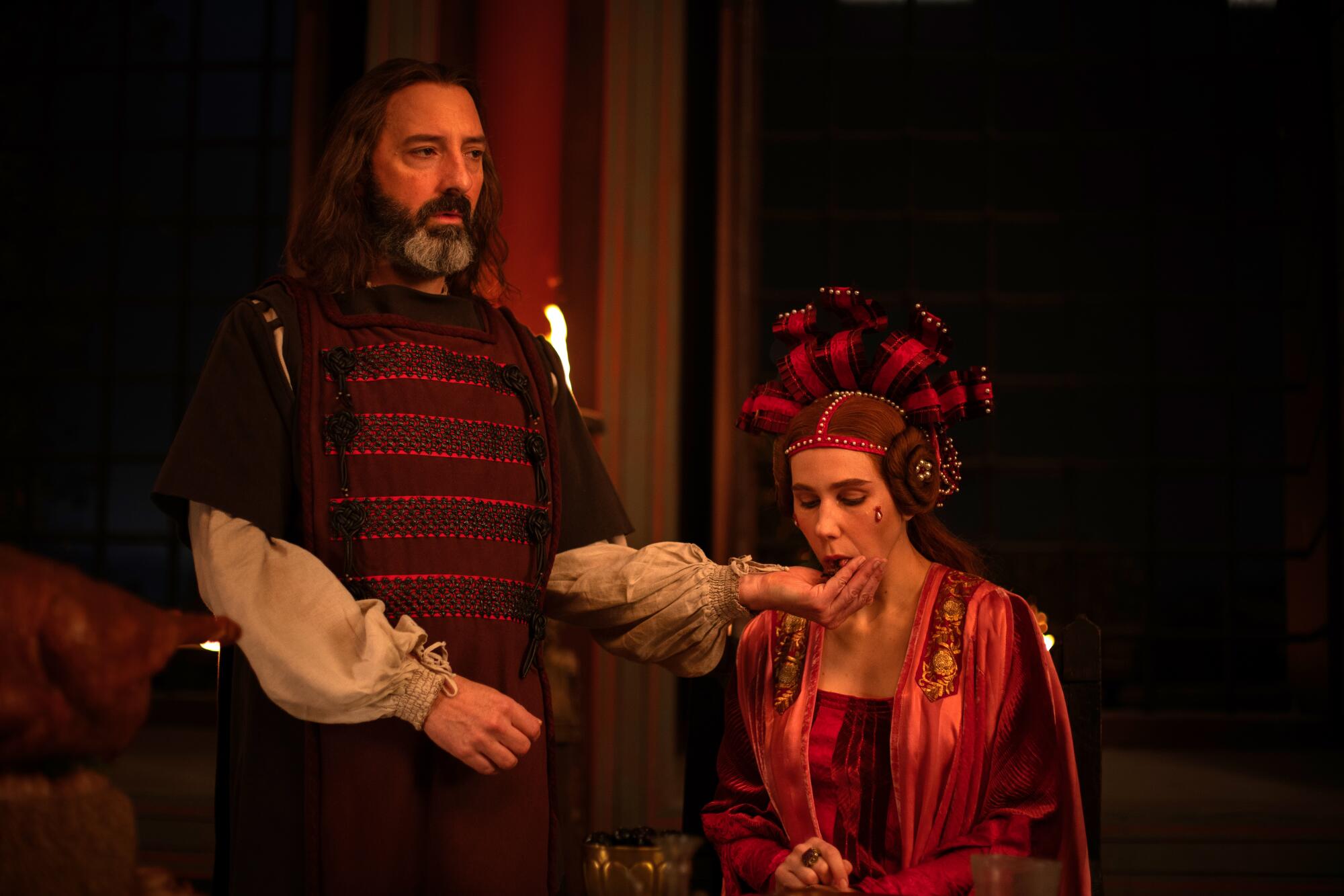 Tony Hale as Sirisco and Zosia Mamet as Pampinea in Netflix's "The Decameron."