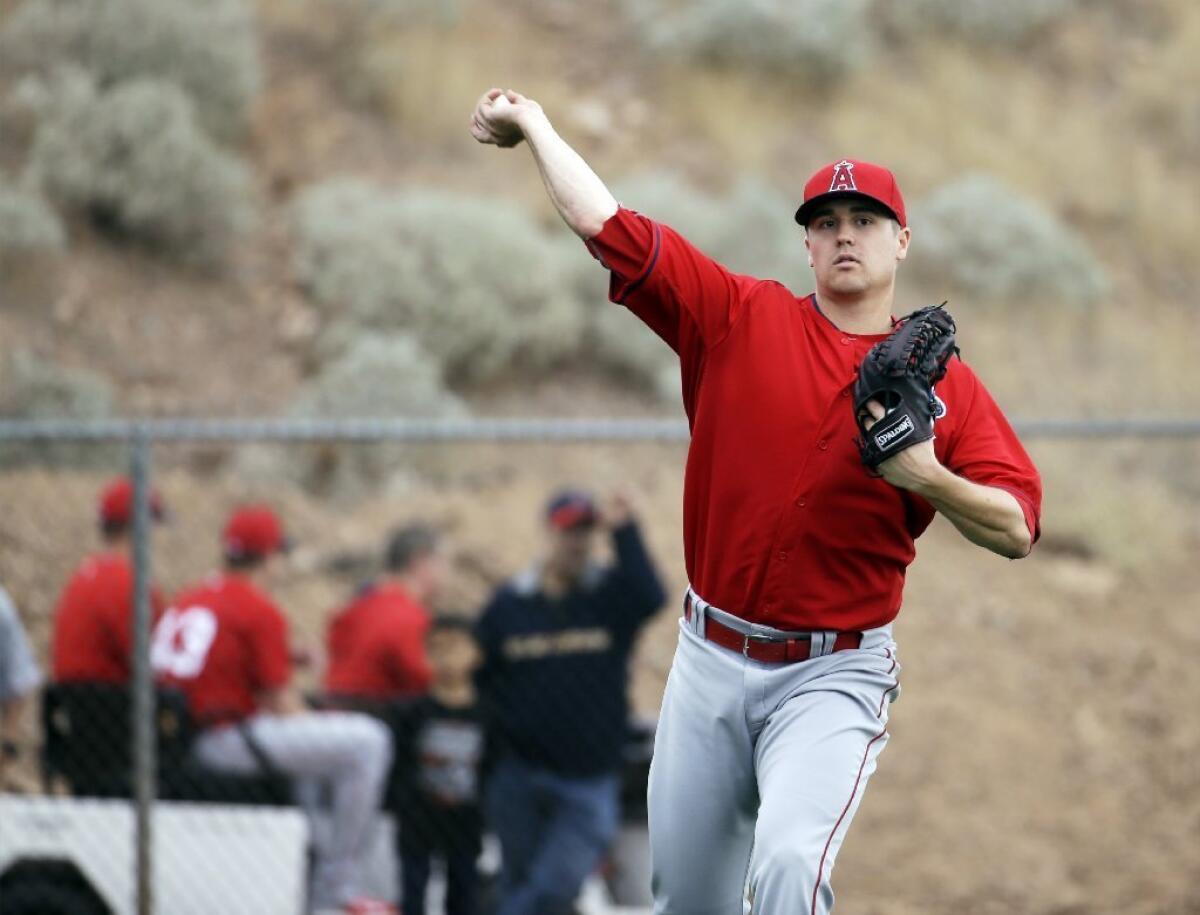 Angels reliever Mike Morin throws during a spring training practice on Feb. 23