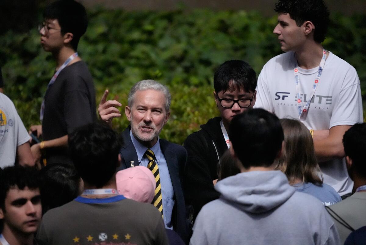 UC Berkeley's new chancellor, Rich Lyons, gives a pep talk to new students after convocation held at Haas Pavilion.