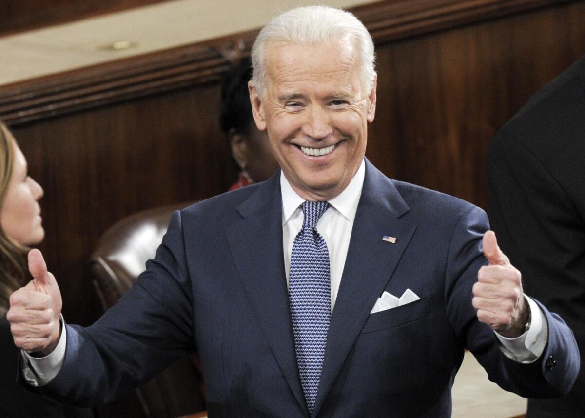 Joe Biden gives two thumbs-up prior to President Barack Obama delivering the State of the Union address before a joint session of Congress.