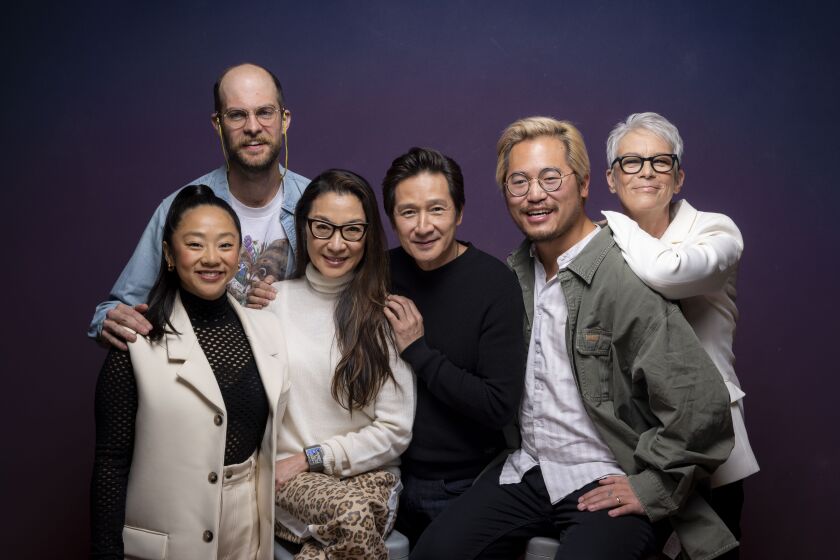 AUSTIN, TX - MARCH 11 Actor Stephanie Hsu, Director Daniel Scheinest, actor Michelle Yeoh, actor Ke Huy Quan, director Daniel Kwan, and actor Jamie Lee Curtis from, "Everything Everywhere All At Once," poses for a portrait at the LA Times Photo Studio at SXSW at SXSW on Friday, March 11, 2022 in Austin, TX. (Jay L. Clendenin / Los Angeles Times)
