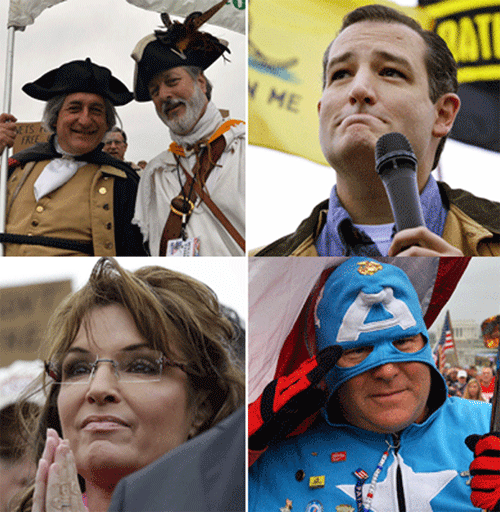 Tea party supporters and their favorites, including Sen. Ted Cruz (R-Texas), top right, and former GOP vice presidential candidate Sarah Palin, bottom left, rallied to reopen war memorials temporarily shuttered due to the government shutdown on Sunday. They gathered at the World War II Memorial to "support" veterans, but they really seemed more inclined to protest President Obama, as though the shutdown were his fault. But the good news is... RELATED LINKS: Congress: The joke's on us Photos: Protesting President Obama at the "Million Vet March" Tea party wants to take America back -- to the 18th century