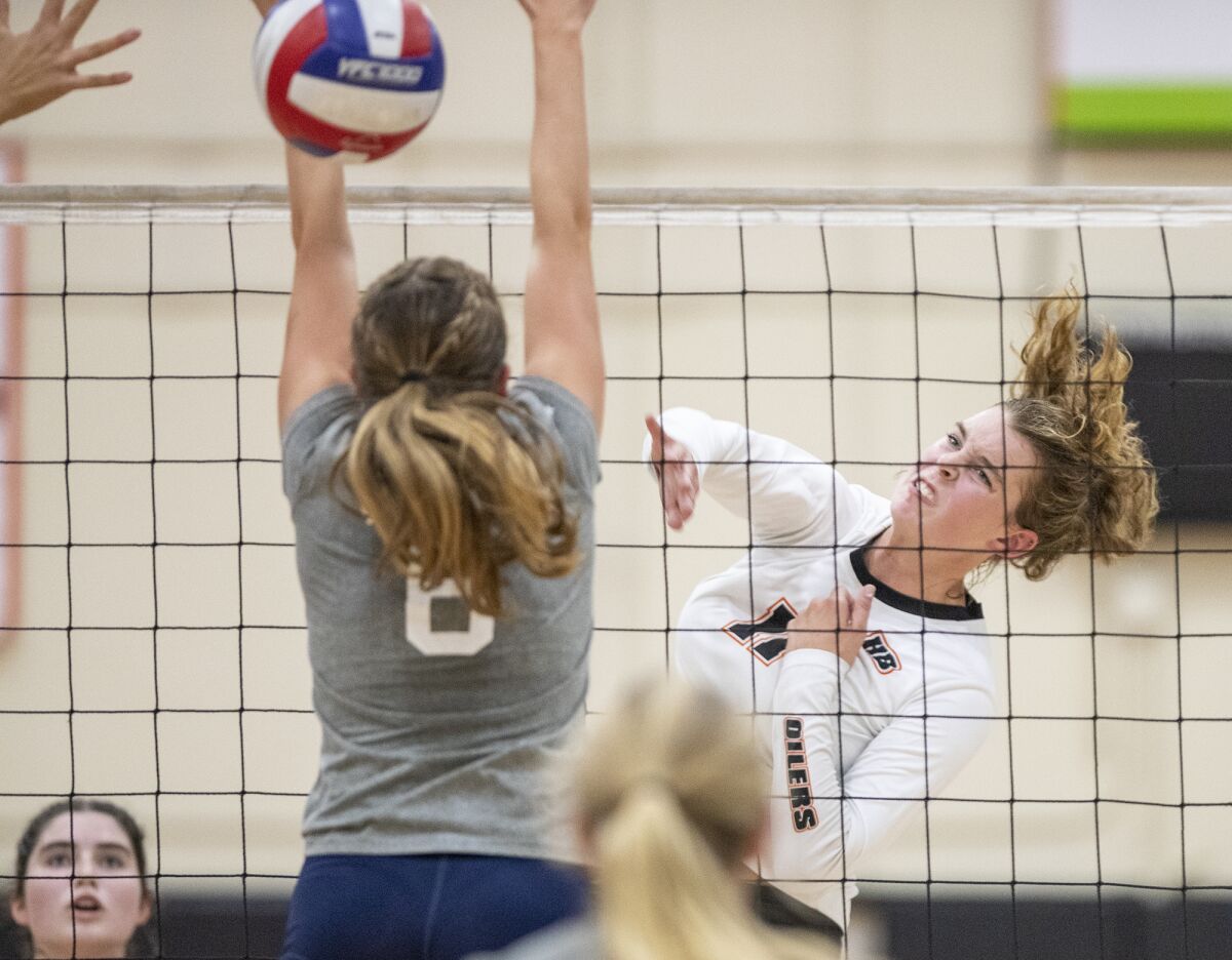 Huntington Beach's Haylee LaFontaine, seen against Newport Harbor on Sept. 22, led the Oilers with 20 kills.