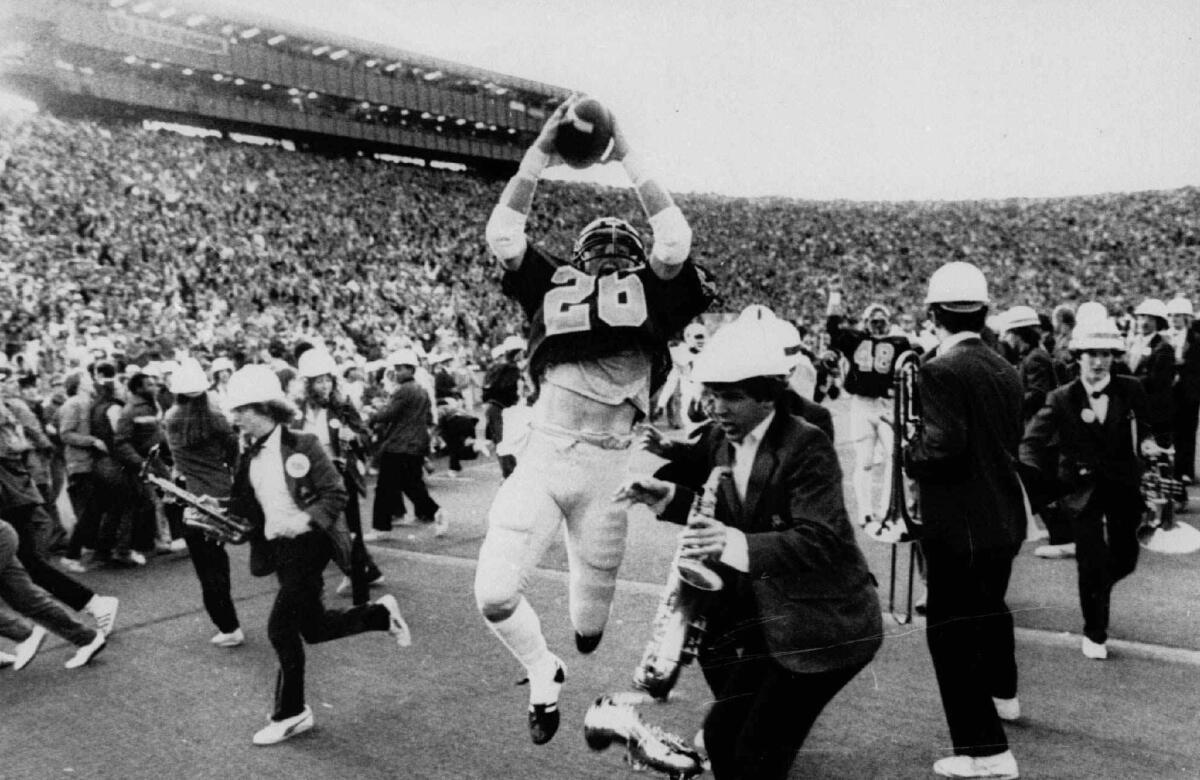 In 1982, Kevin Moen scored for California on the game–ending, five–lateral kickoff return known simply as "The Play."
