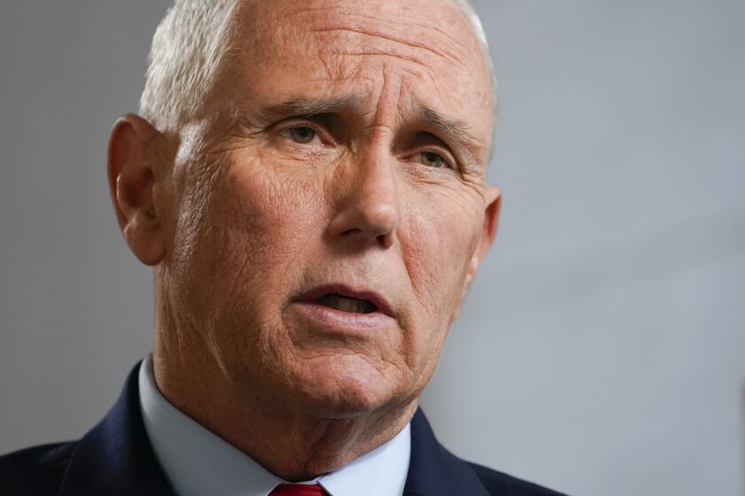FILE - Former Vice President Mike Pence speaks during an interview with The Associated Press, Nov. 16, 2022, in New York. The FBI is searching Pence's Indiana home on Feb. 10, 20223, as part of a classified records probe. (AP Photo/John Minchillo, File)