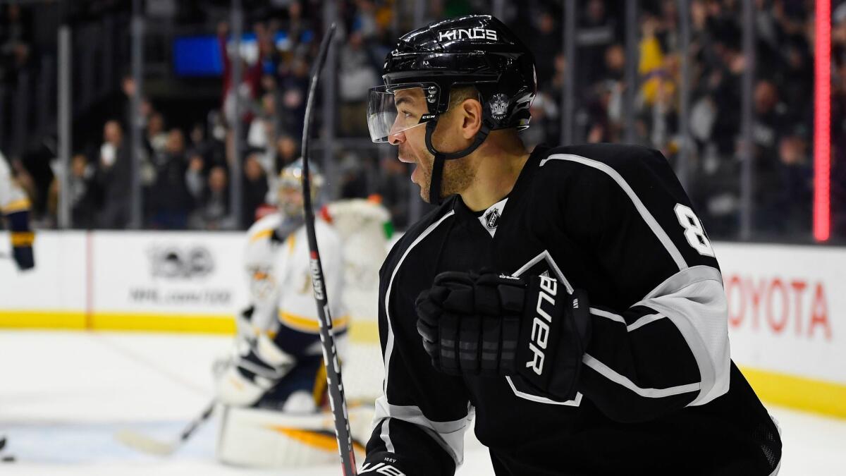 Kings right wing Jarome Iginla celebrates after scoring against Nashville at Staples Center on March 9.