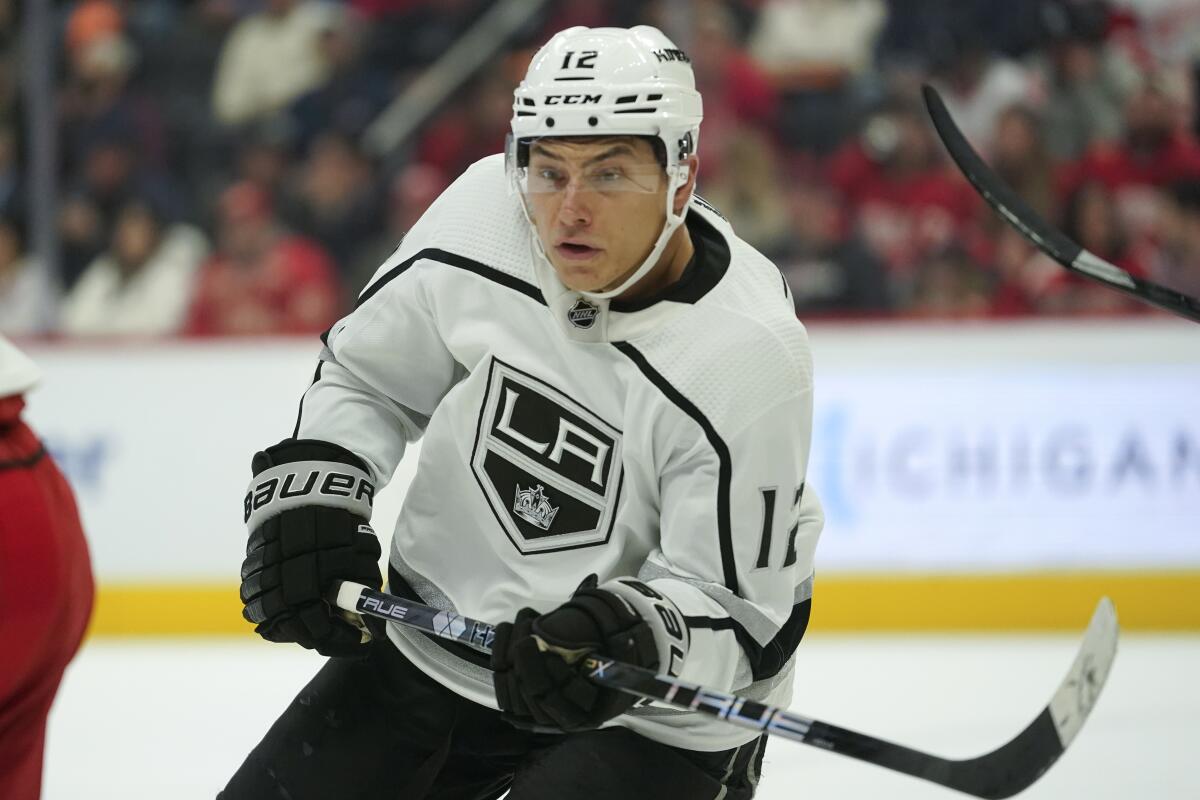 Kings center Trevor Moore plays against the Detroit Red Wings in the first period.