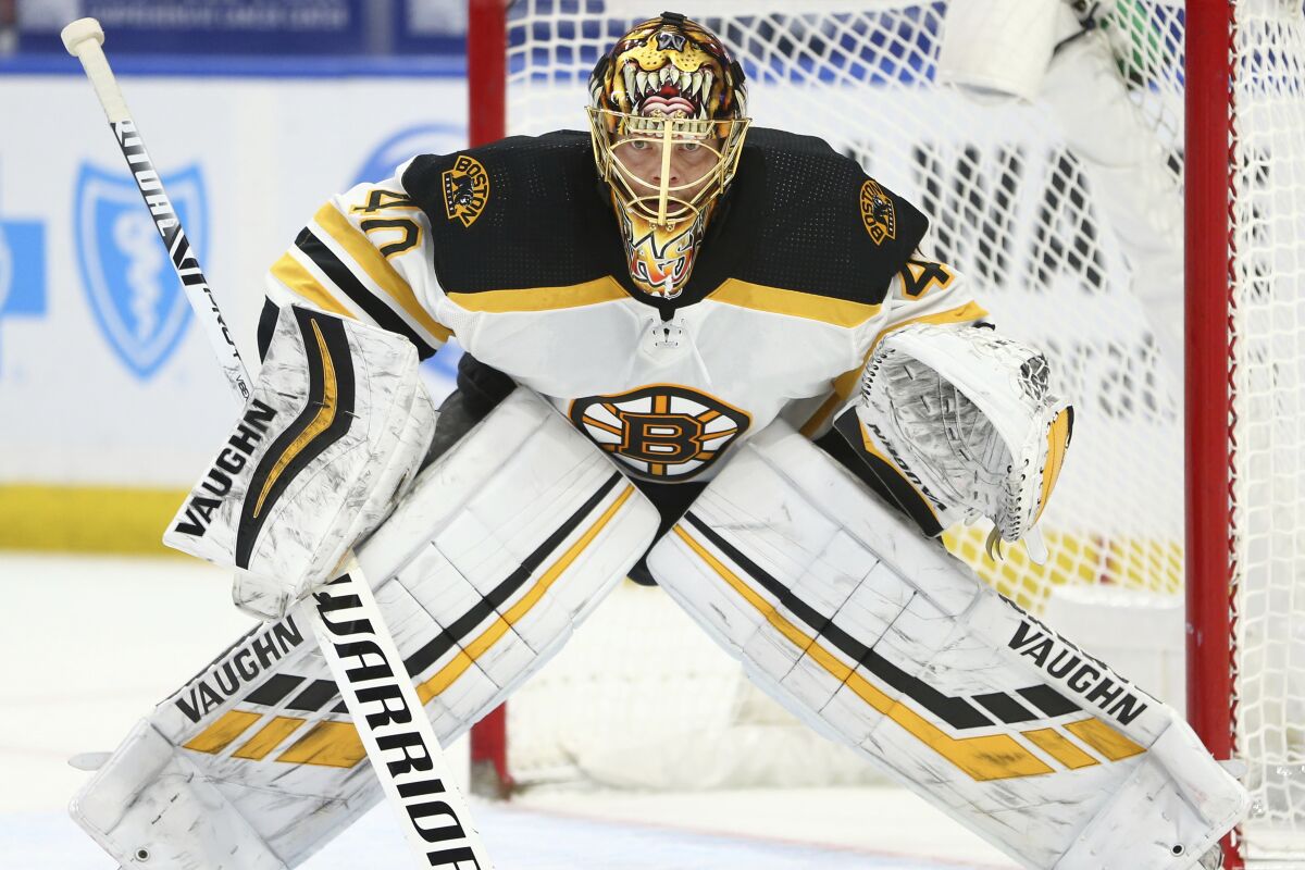 FILE - Boston Bruins forward Tuukka Rask (40) plays during the third period of an NHL hockey game against the Buffalo Sabres, Tuesday, April 20, 2021, in Buffalo, N.Y. Rask is signing a prorated, $1 million contract for the rest of the season with the Boston Bruins, according to a person with knowledge of the move. The person spoke to The Associated Press on condition of anonymity Tuesday, Jan. 11, 2022, because the deal had not been announced. (AP Photo/Jeffrey T. Barnes, File)