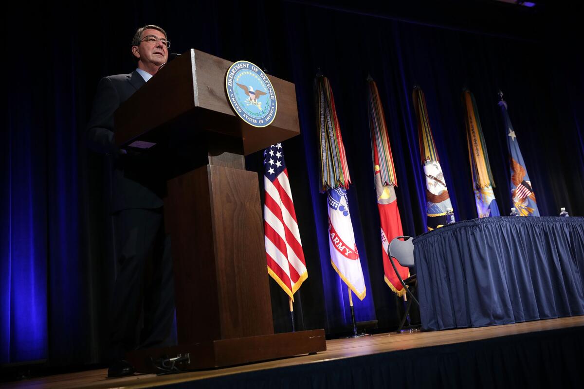 U.S. Secretary of Defense Ashton Carter speaks during a LGBT Pride Month ceremony June 9, 2015 at the Pentagon, in Arlington, Va.
