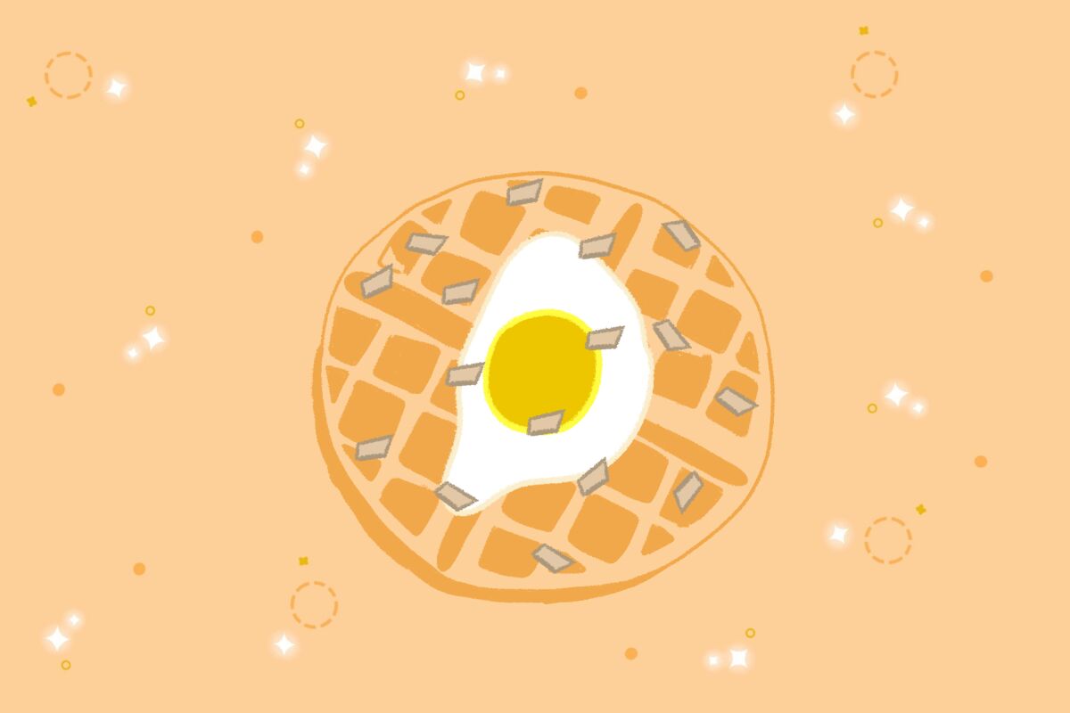 Illustration of a fried egg on top of a waffle.