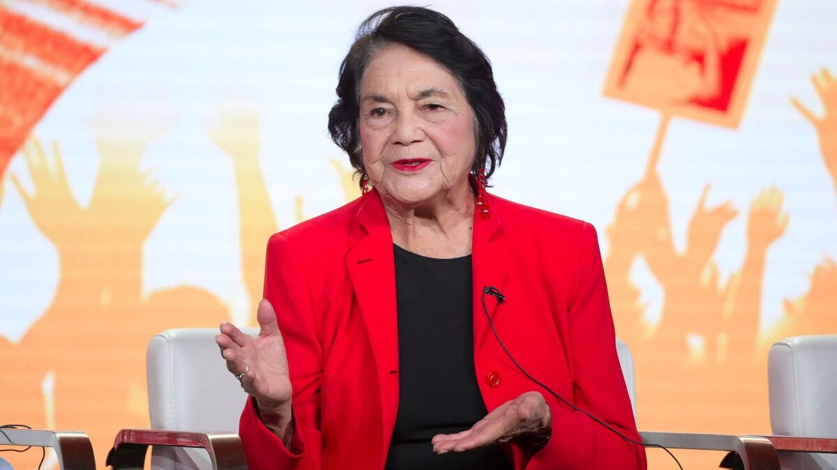 Dolores Huerta participates in a panel during a stop to promote "Dolores," the documentary about her life, in Pasadena in January.