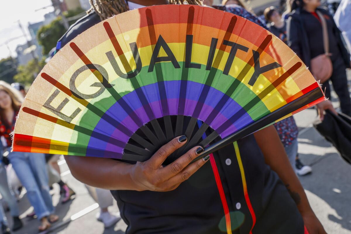 Fan unfurled to show rainbow colors and word "equality"