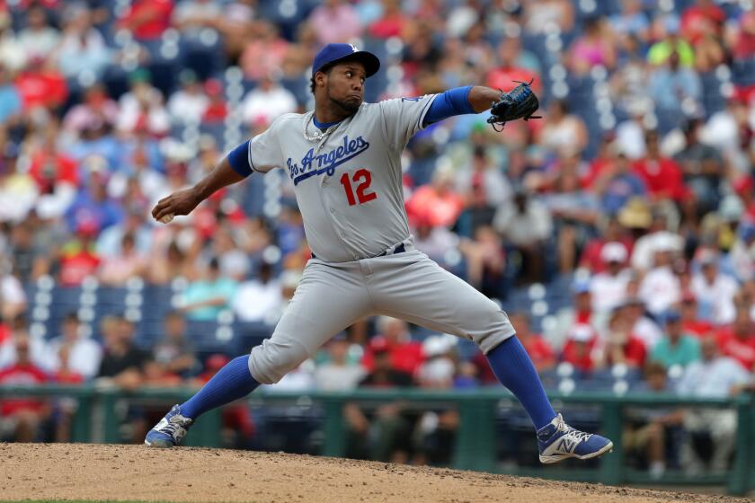 The Dodgers' Juan Nicasio pitches against Philadelphia on Aug. 6.
