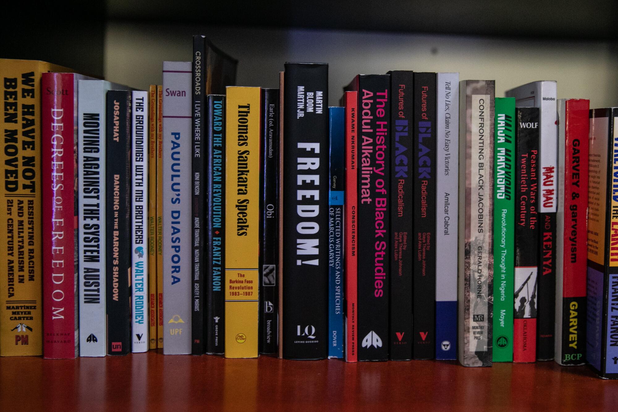 A shelf full of books on Black culture.