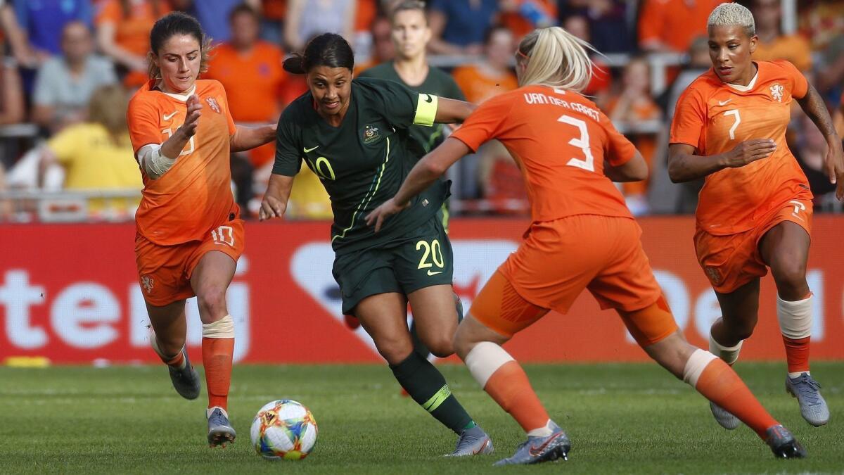 Australia's Sam Kerr draws the attention of three players from the Netherlands in a pre-World Cup friendly on June 1.