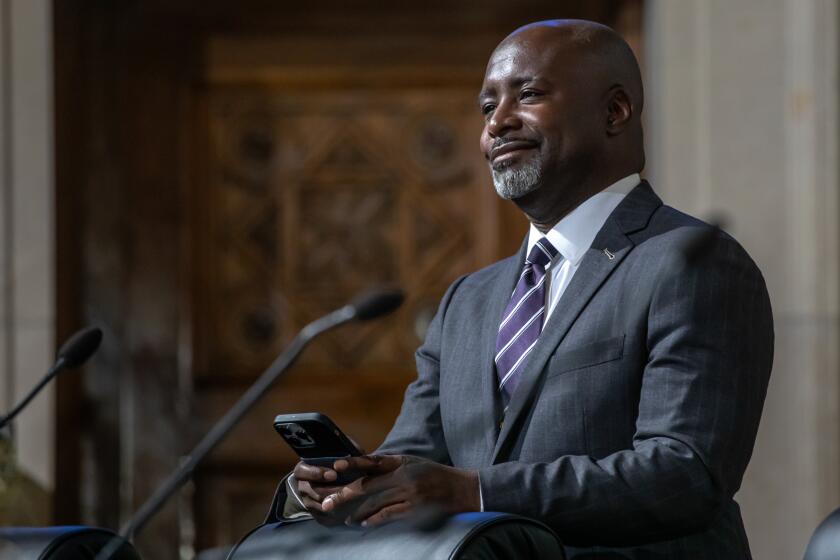 LOS ANGELES, CA - JUNE 20: Marqueece Harris-Dawson elected new president pro tempore to replace Curren Price, who stepped down after being charged with corruption. John Ferraro Council Chamber, Los Angeles, CA. (Irfan Khan / Los Angeles Times)