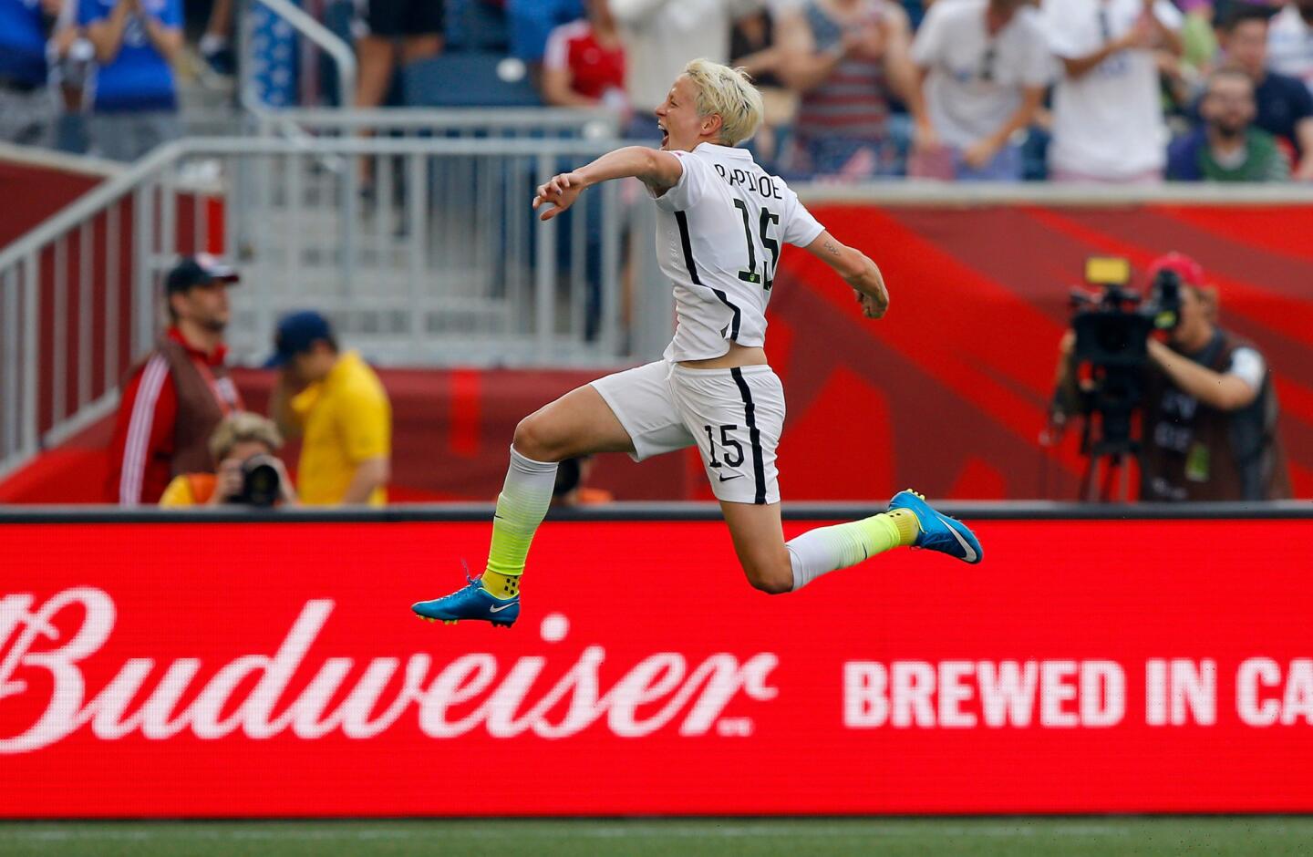 Megan Rapinoe celebrates after scoring a goal against Australia during the 12th minute of the United States' Group D opening match of the World Cup in Winnipeg, Canada.