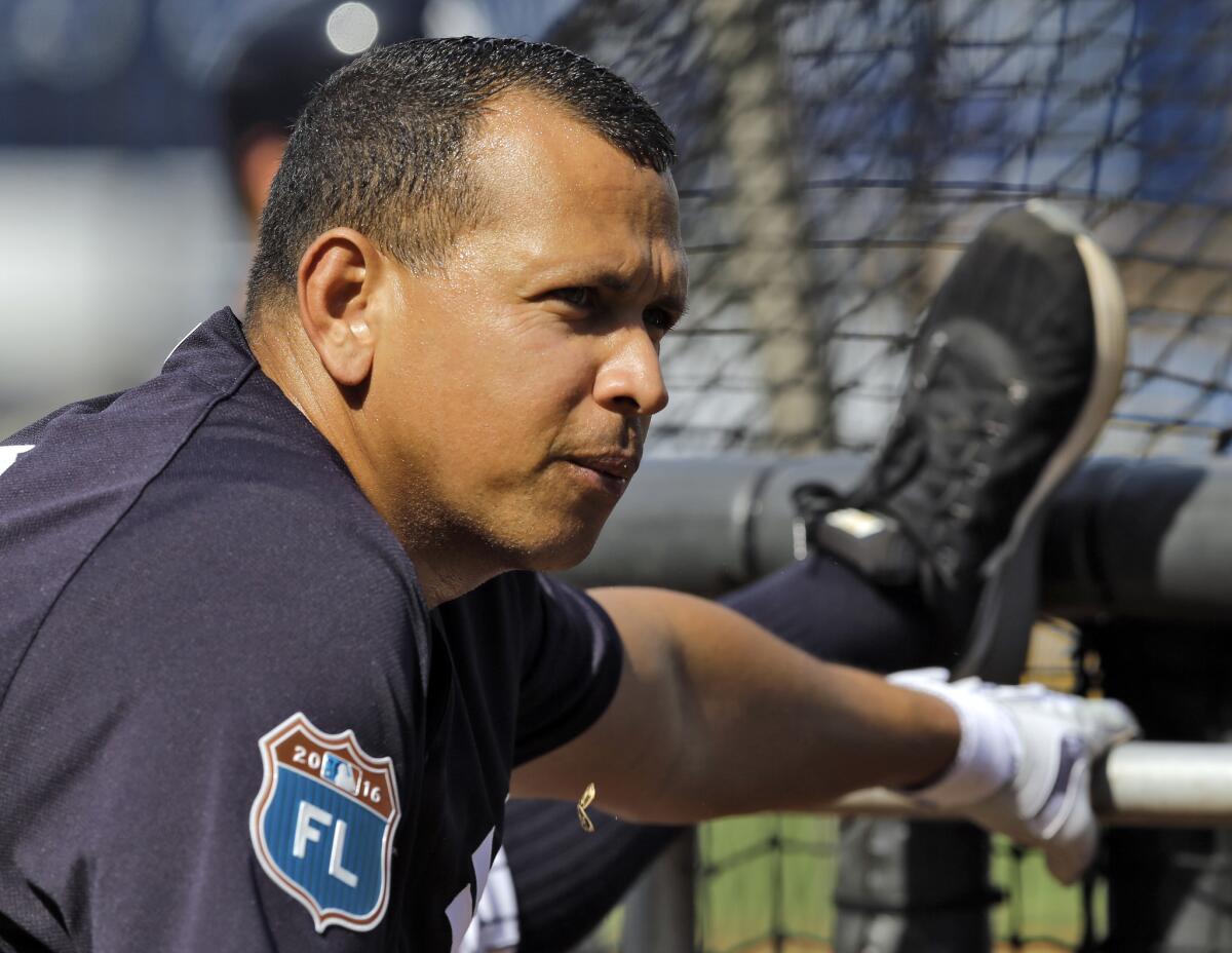 The New York Yankees' Alex Rodriguez stretches on the batting cage before a spring training game against Toronto on March 16.