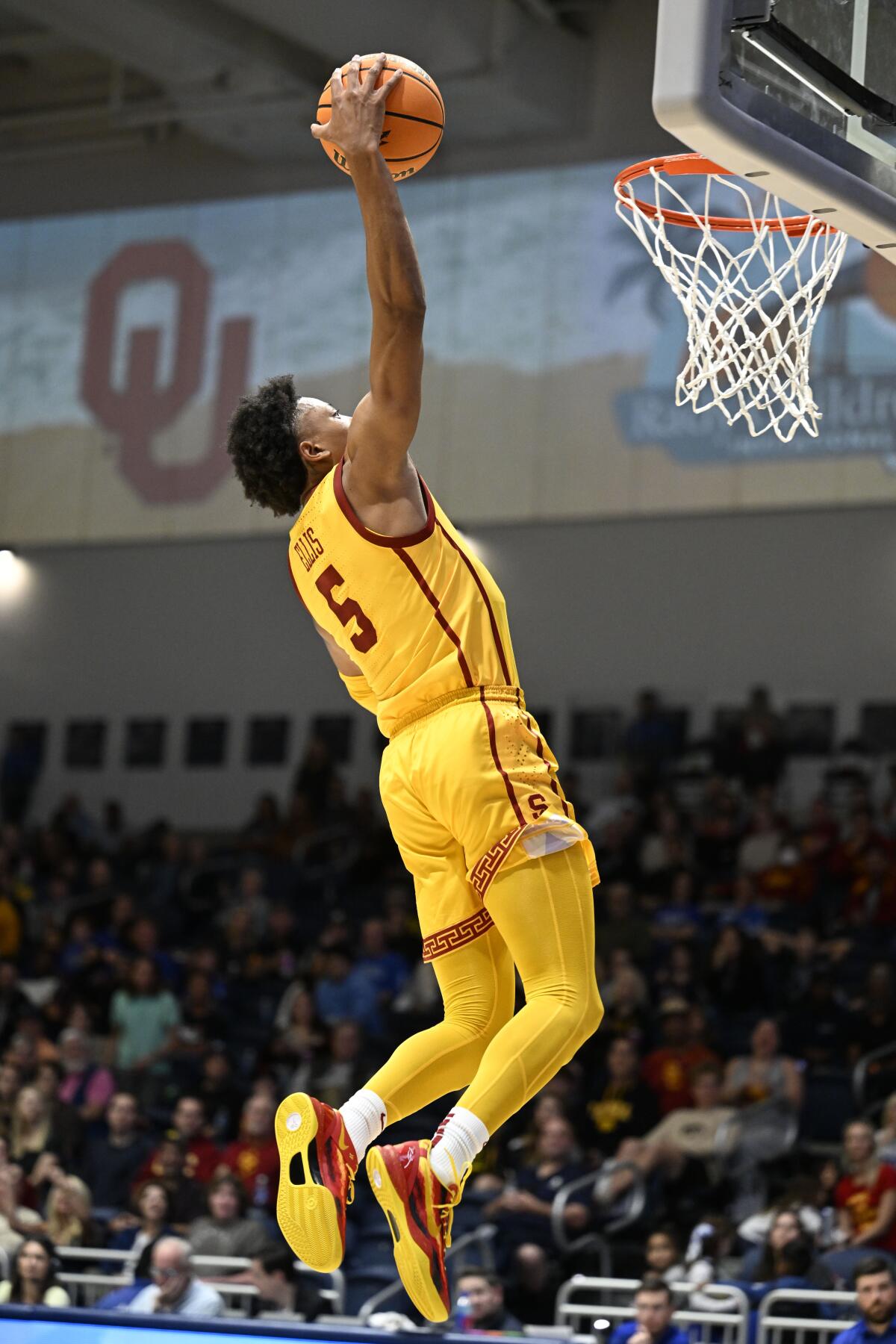 USC guard Boogie Ellis elevates for a right-handed dunk against Seton Hall.
