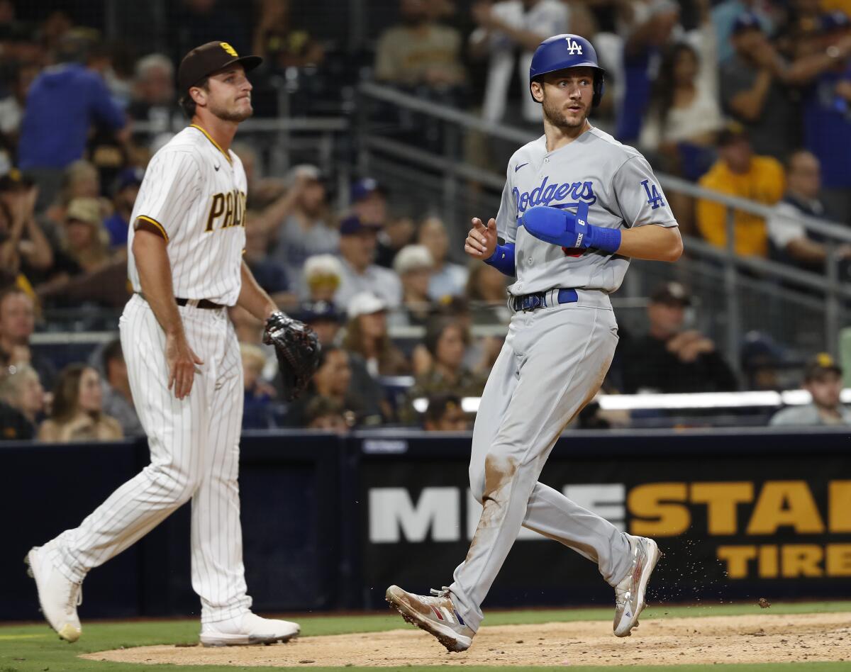 Dodgers shortstop scores on a sacrifice fly during an Aug. 24, 2021, game against the Padres at Petco Park.
