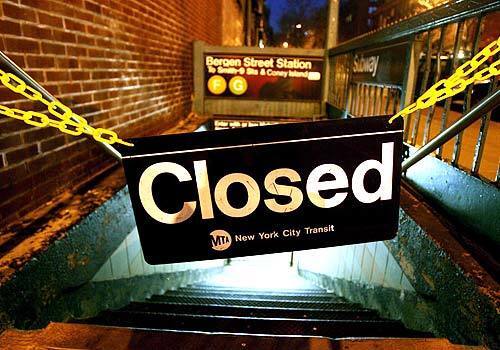 One word says it all at a Brooklyn subway station: New York City mass transit shuts down.