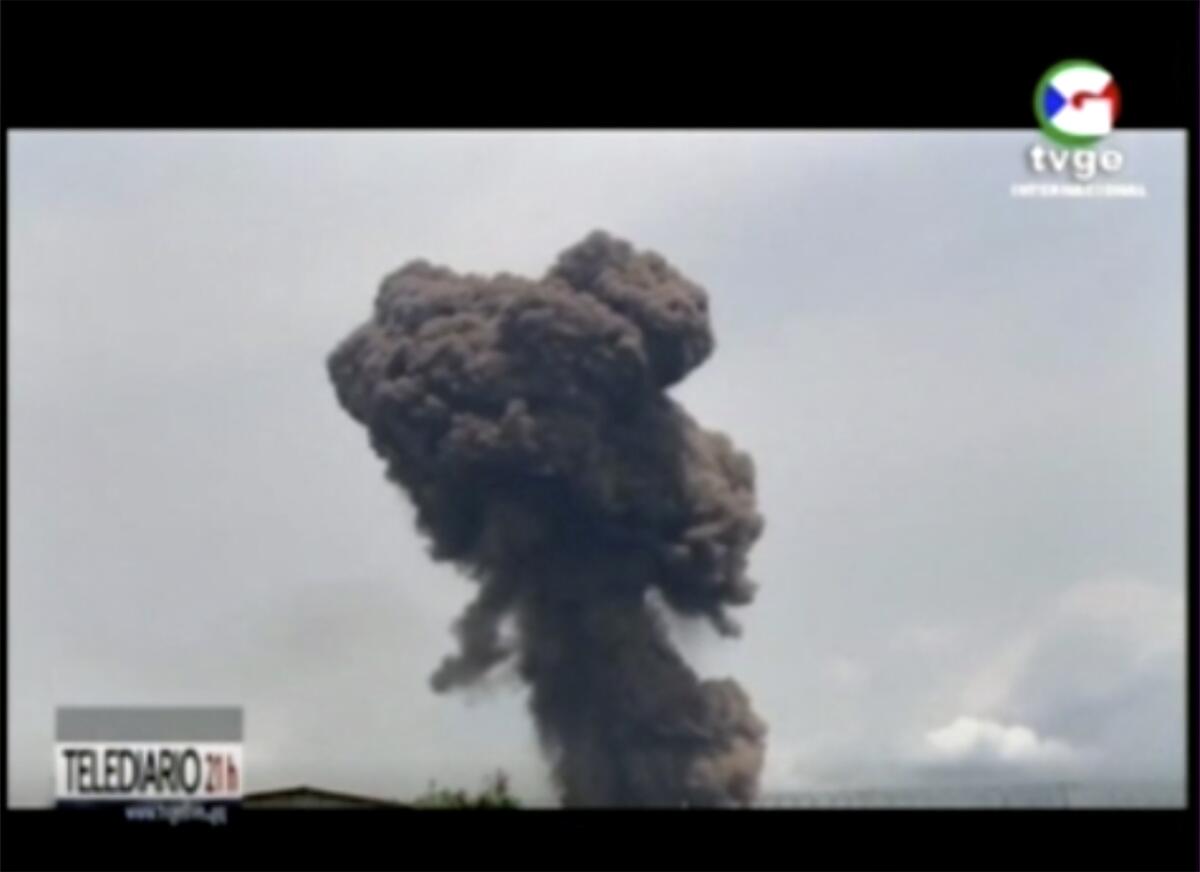 This TVGE image shows smoke rising over the blast site at a military barracks in Bata, Equatorial Guinea