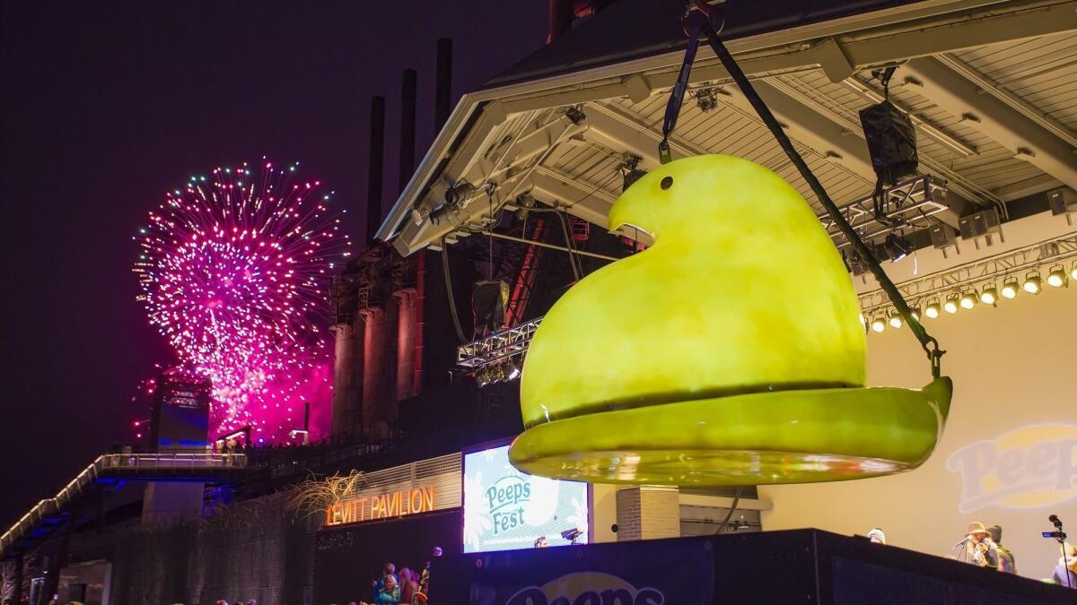 An illuminated Peeps chick will fall at the stroke of midnight in Bethlehem, Pa., where the marshmallow candy is made.