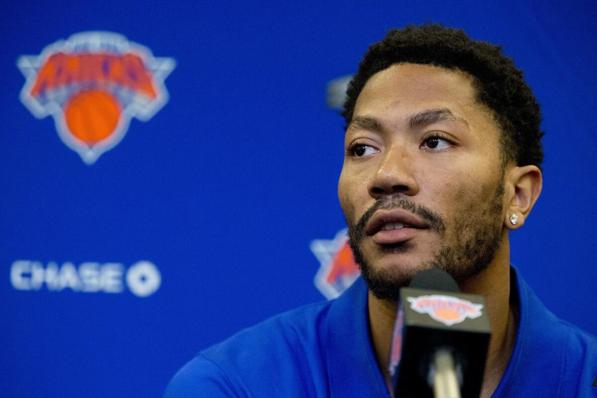 New York Knicks' Derrick Rose speaks during a news conference at Madison Square Garden in New York in June.