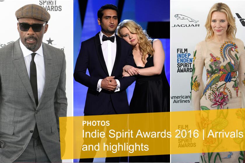 Idris Elba, hosts Kumail Nanjiani, left, and Kate McKinnon and Cate Blanchett at the 2016 Independent Spirit Awards in Santa Monica.