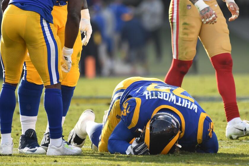 LOS ANGLELES, CA. DECEMBER 30, 2018-Rams tackle Andrew Whitworth is injured against the 49ers at the Coliseum Sunday. (Wally Skalij/Los Angeles Times)