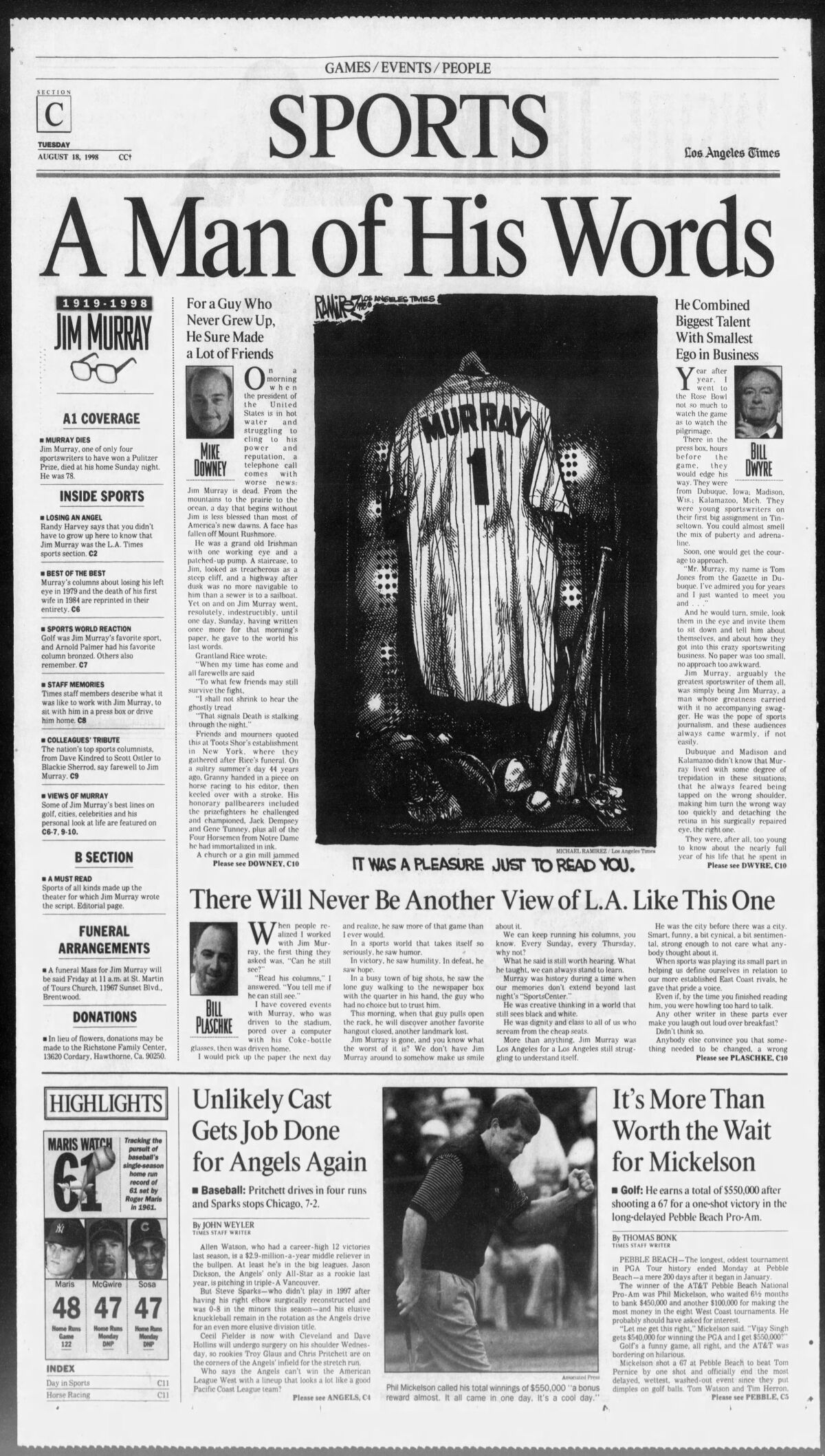 The cover of the Los Angeles Times Sports section on Aug. 18, 1998, after Jim Murray's death.