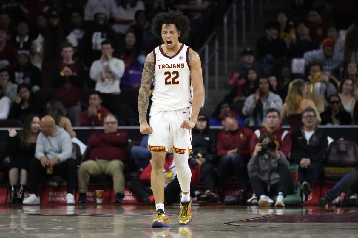 USC's Tre White is fired up after scoring during the second half Jan. 14, 2023.
