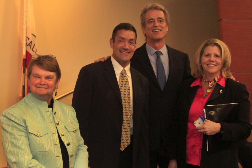 From left, L.A. County supervisor candidates Sheila Kuehl, John Duran, Bobby Shriver and Pamela Conley Ulich before a debate in March.
