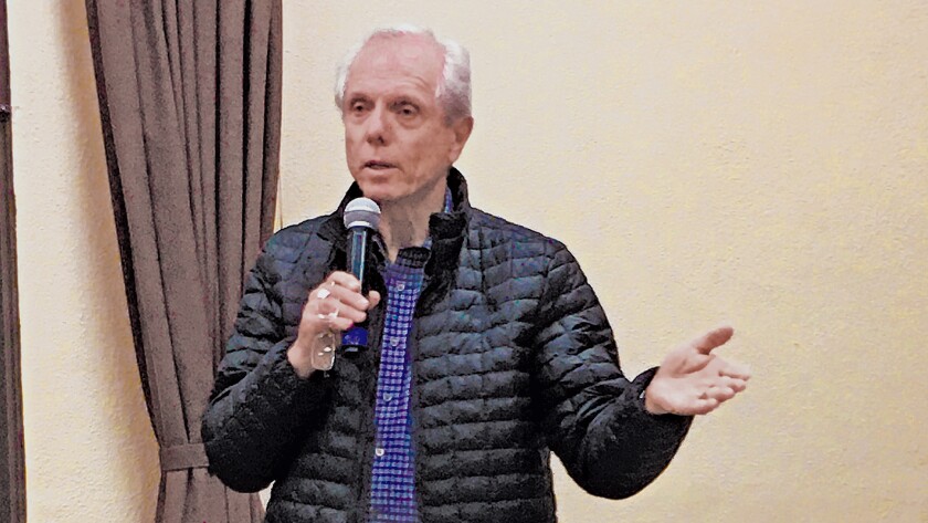 La Jolla Planning Association trustee Phil Merten makes a point about the permit process for plans at 7837 Lookout Drive at the Jan. 9, 2020 meeting at La Jolla Recreation Center.