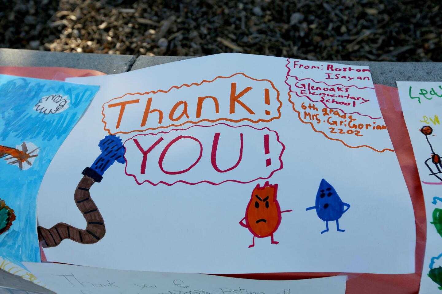 Glenoaks Elementary School was decorated with Òthank YouÓ signs made by students for the Glendale Fire Dept. and L.A. City Fire Dept. for fighting a fire that came close to their school, on campus in Glendale on Friday, Aug. 30, 2019. L.A. City Fire Dept. and GFD battled a stubborn fire this past weekend that came close to the school and to homes in the neighborhood.