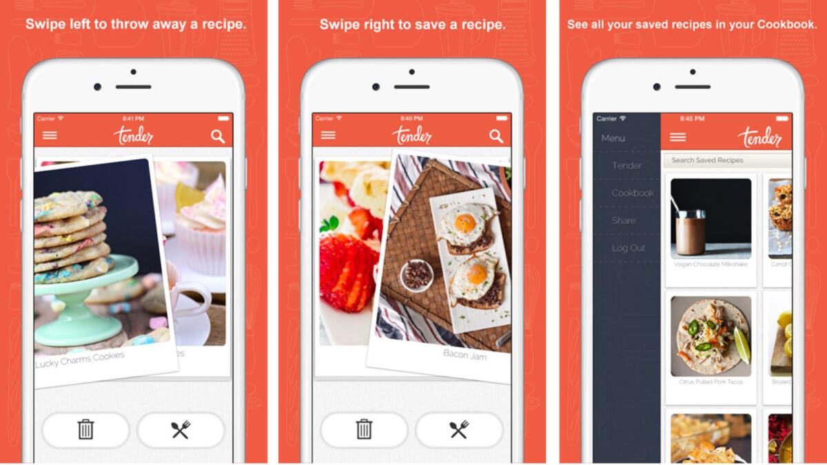 Screenshots of Tender, a Tinder-inspired food app.