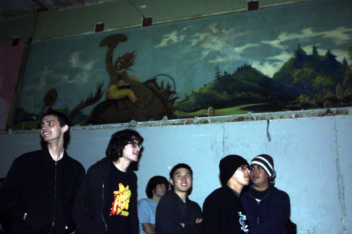 A crowd hangs out at the Smell nightclub in downtown L.A. in 2000. The space is now threatened with demolition.