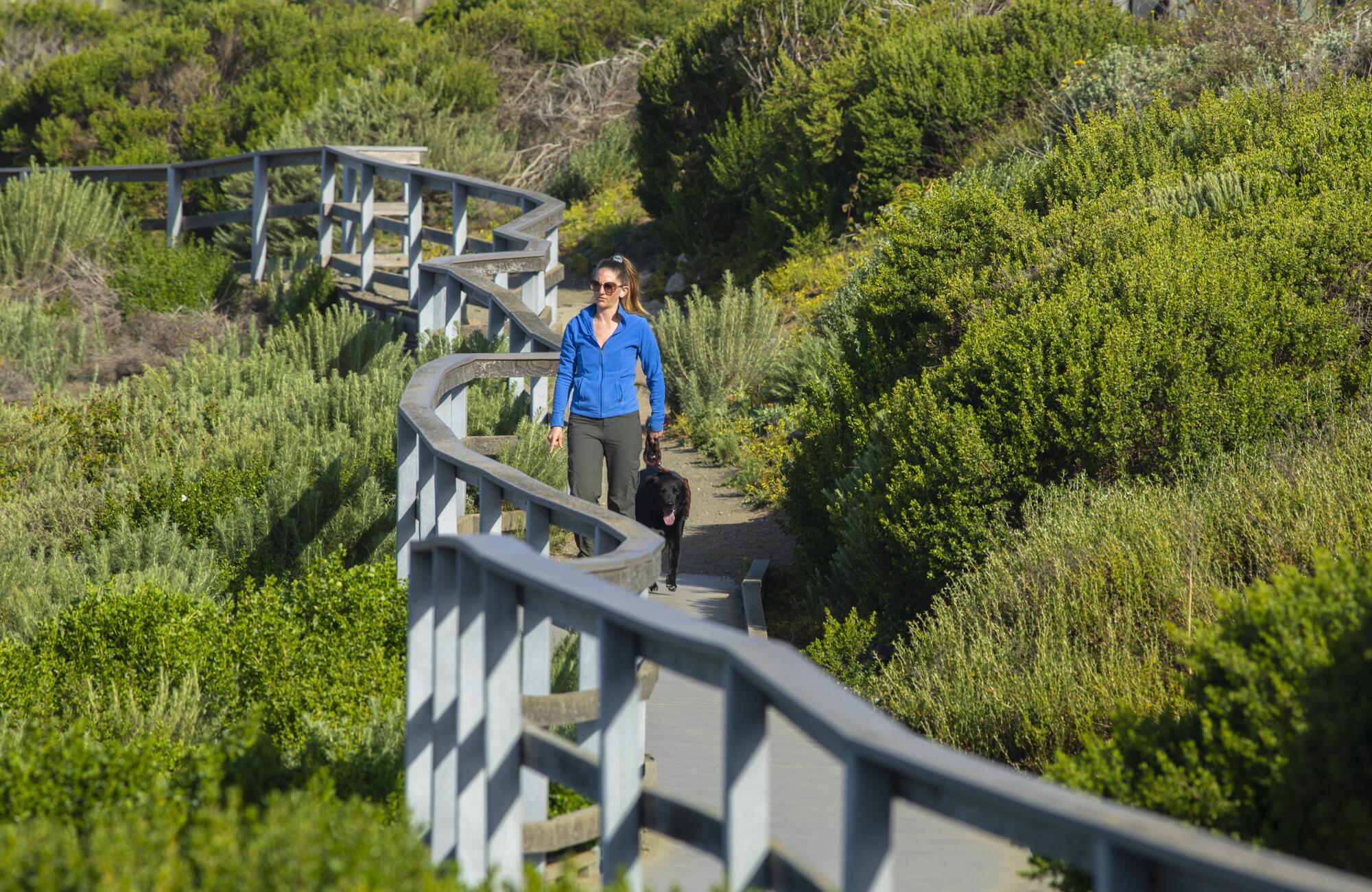 A woman walks a black Lab on a winding trail with a railing, lush vegetation on either side.