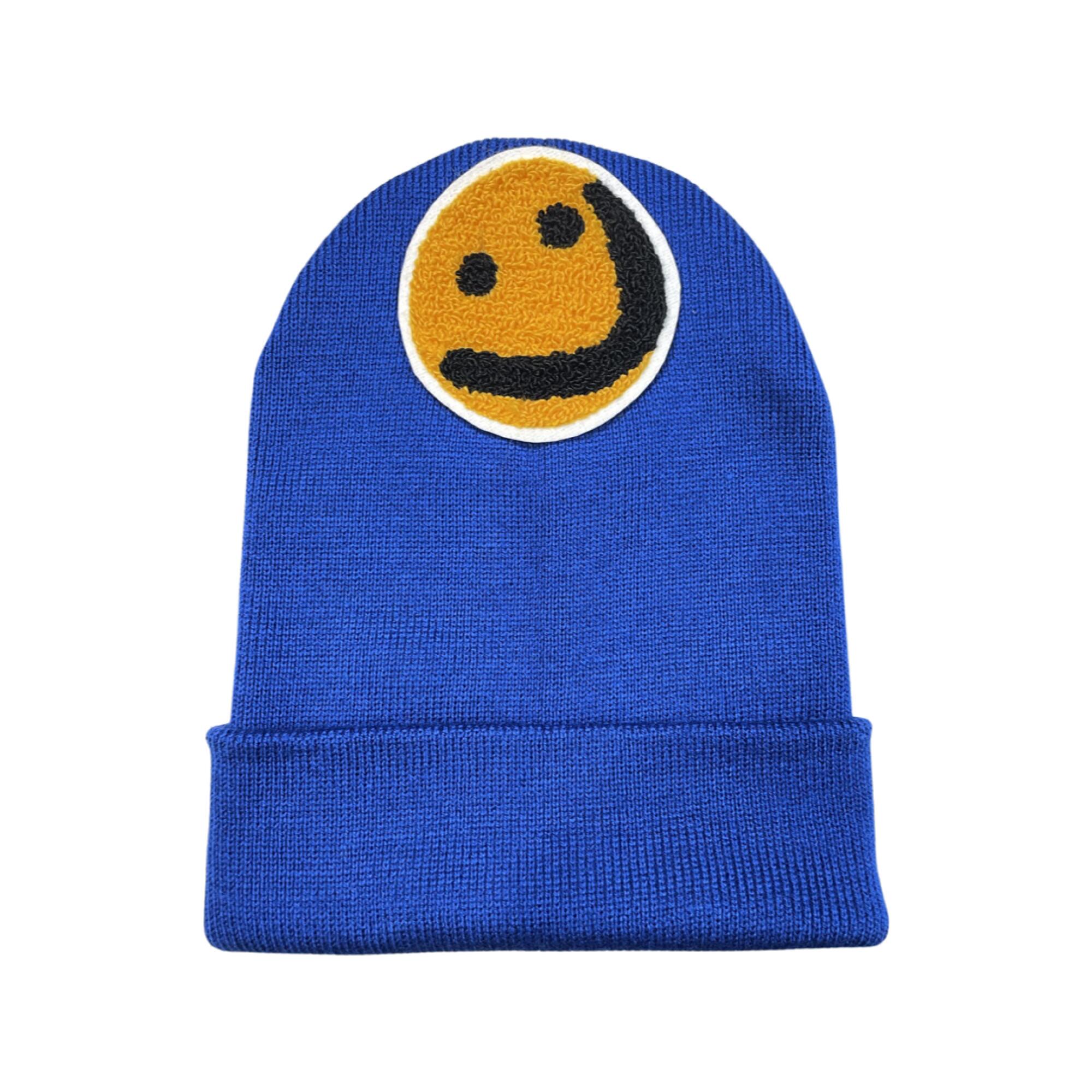blue beanie hat with a yellow smiley face patch