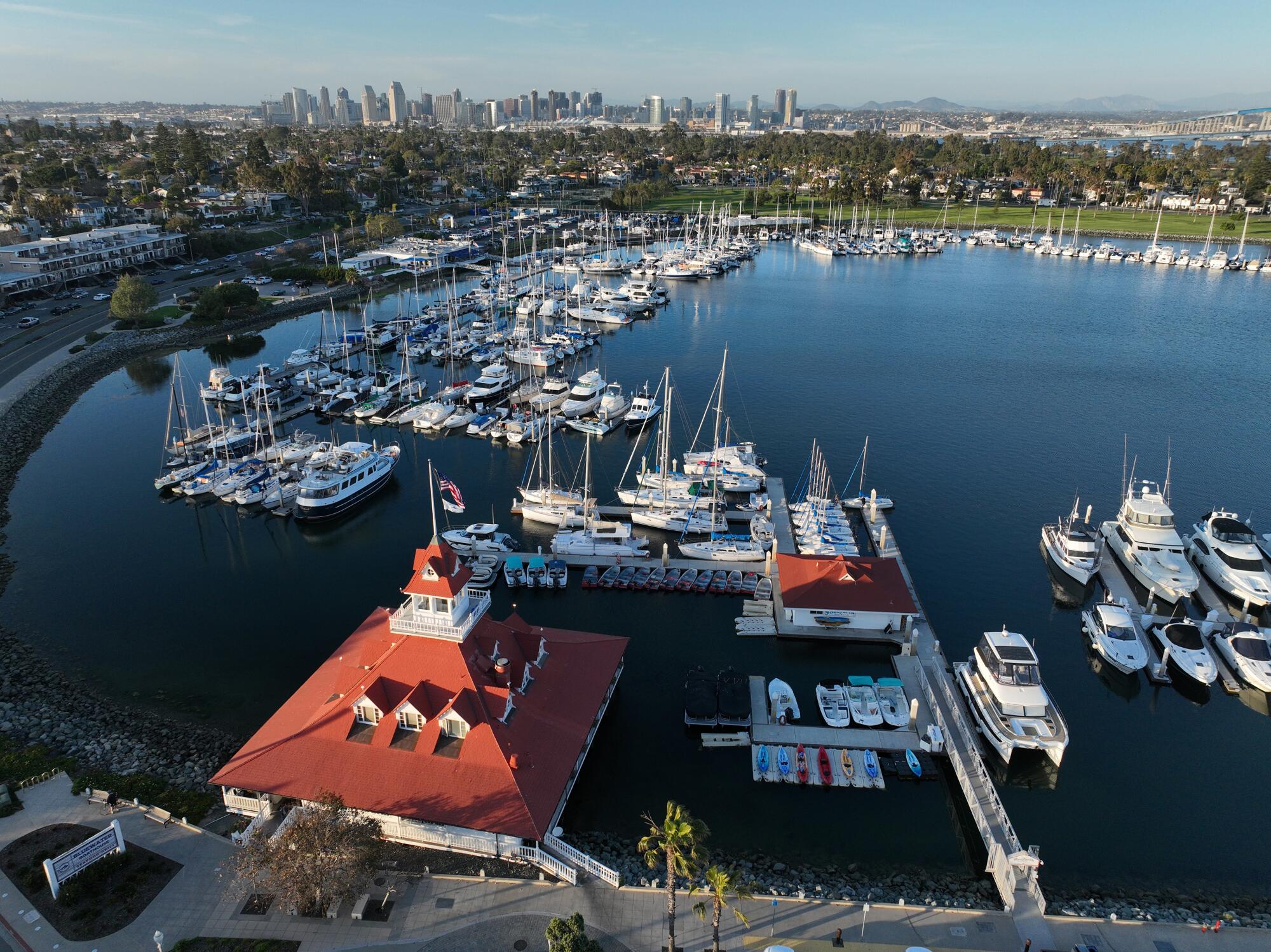 View of the Bluewater Boathouse Seafood Grill on the Glorietta Bay Marina in Coronado.