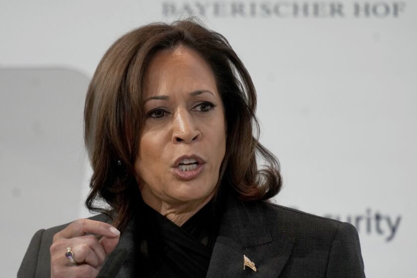Vice President of the United States Kamala Harris speaks at the Munich Security Conference in Munich, Saturday, Feb. 18, 2023. The 59th Munich Security Conference (MSC) is taking place from Feb. 17 to Feb. 19, 2023 at the Bayerischer Hof Hotel in Munich. (AP Photo/Michael Probst)